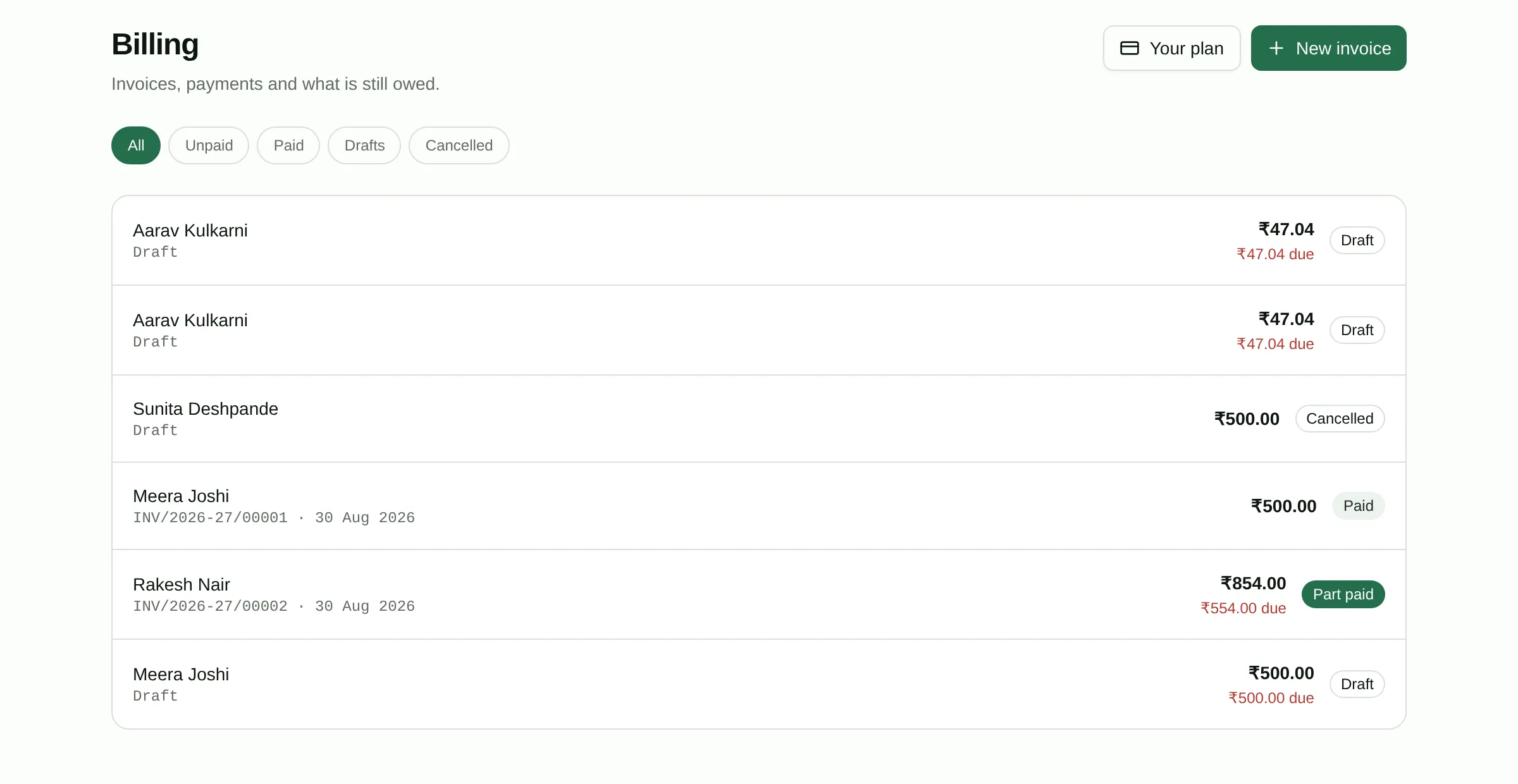 The billing list with issued invoices, payments and outstanding amounts.