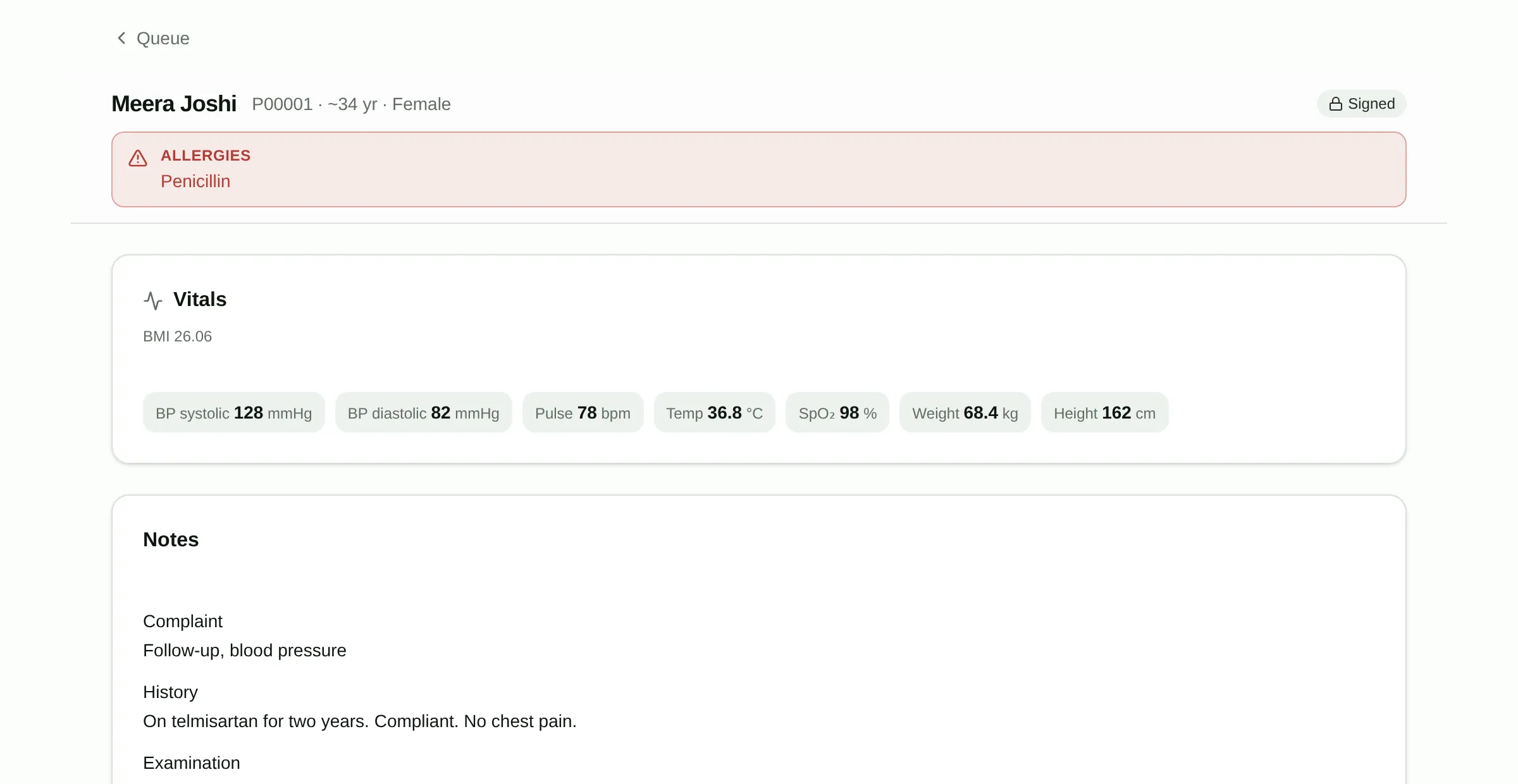 A signed consultation showing vitals, complaint, history, examination and diagnosis.