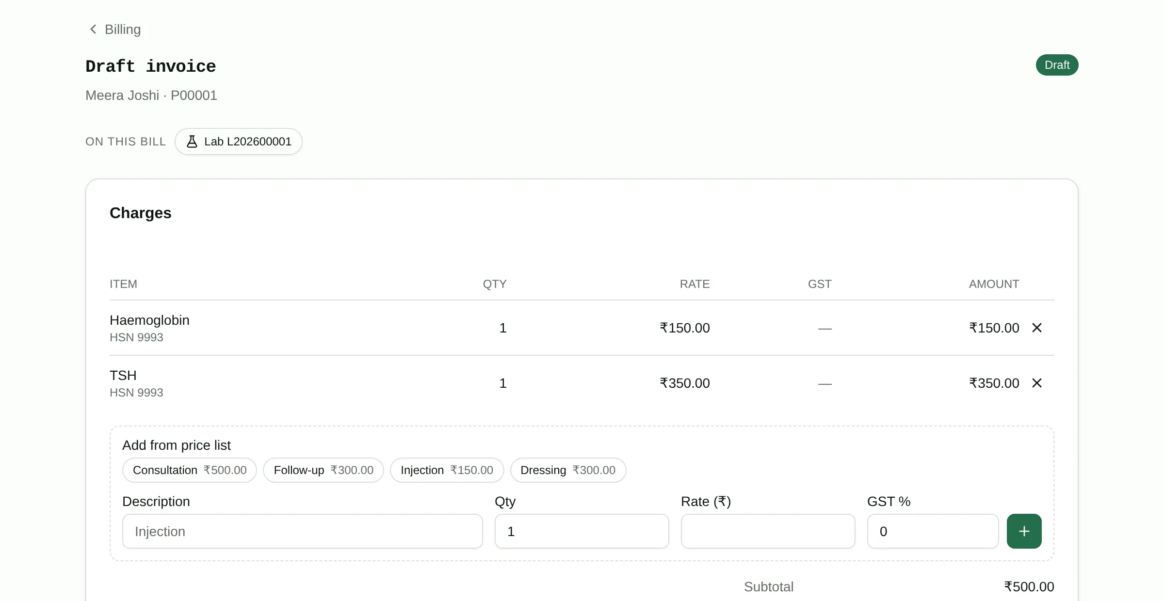 A GST invoice generated directly from a consultation, with line items and totals.