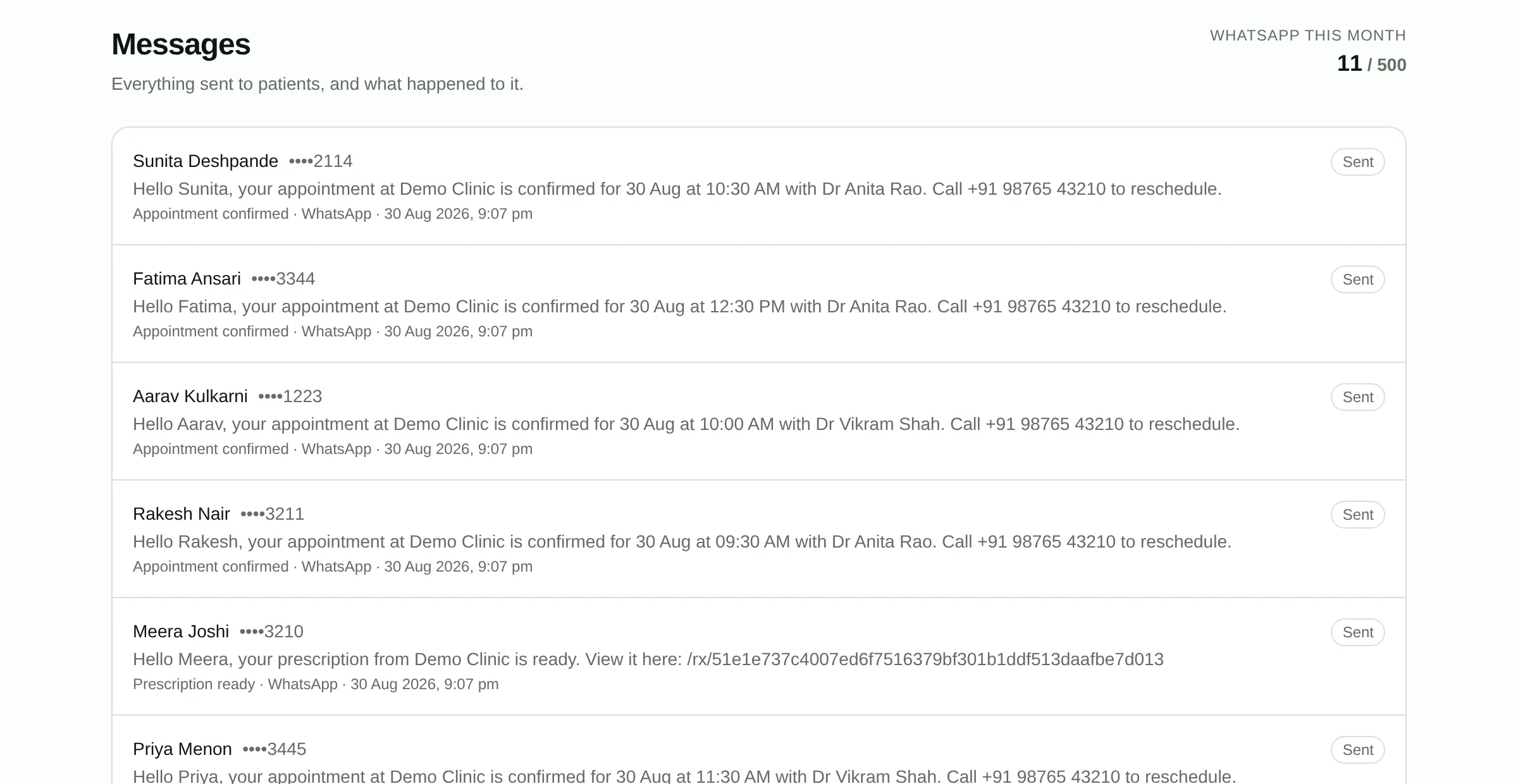 The patient messaging queue with delivery status per message.