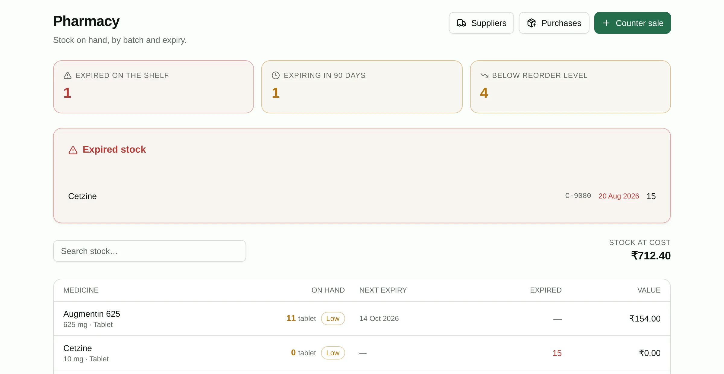 The pharmacy screen showing stock by batch with expiry dates.
