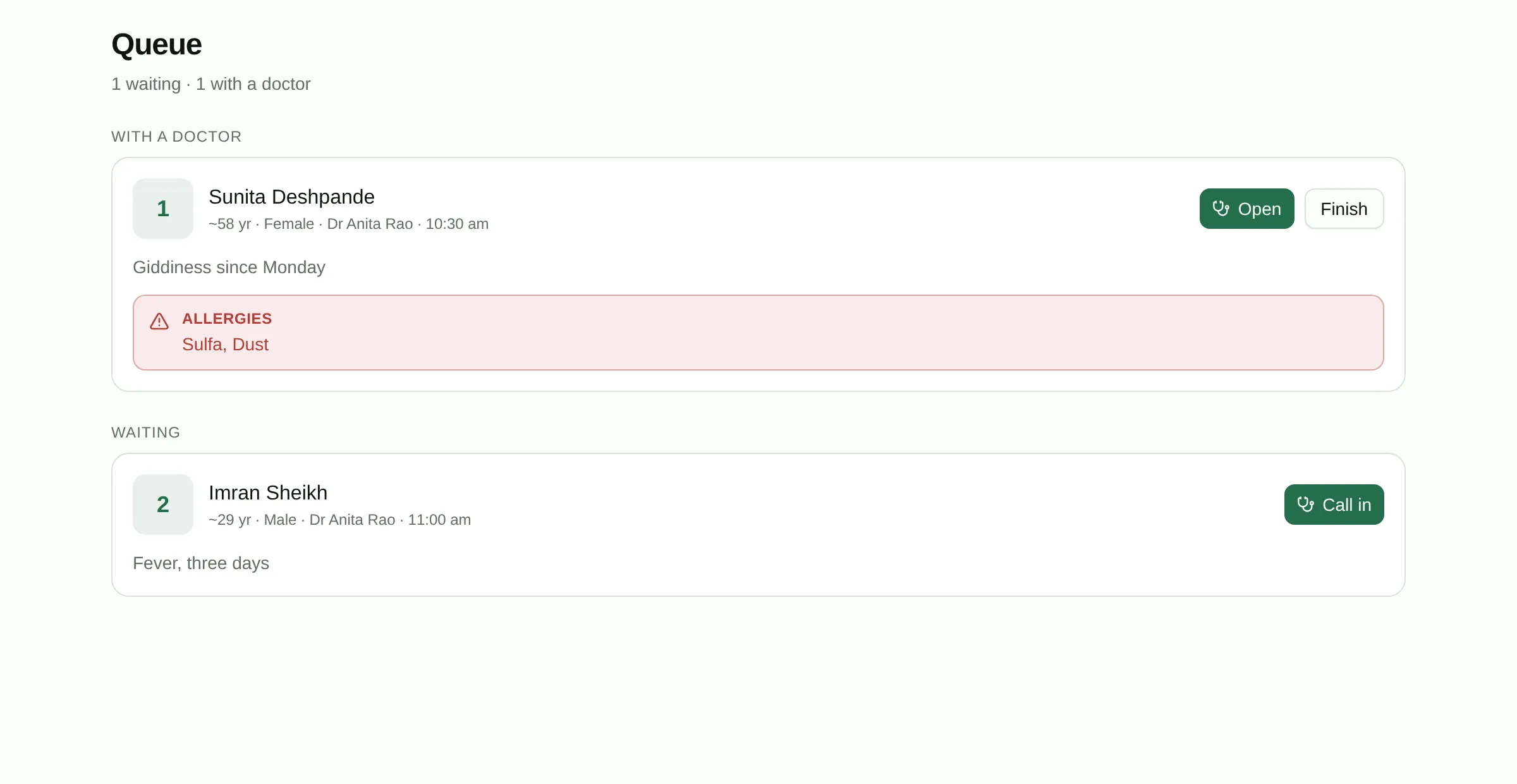 The live patient queue, updating in real time across the front desk and consulting room.