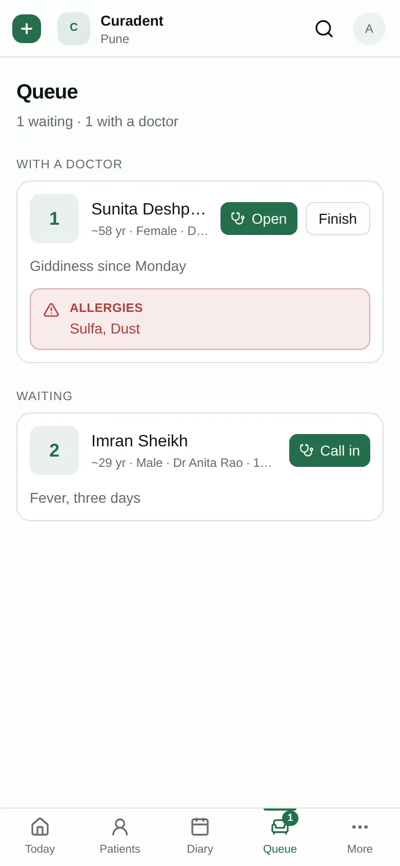 The same clinic's live queue on a phone.
