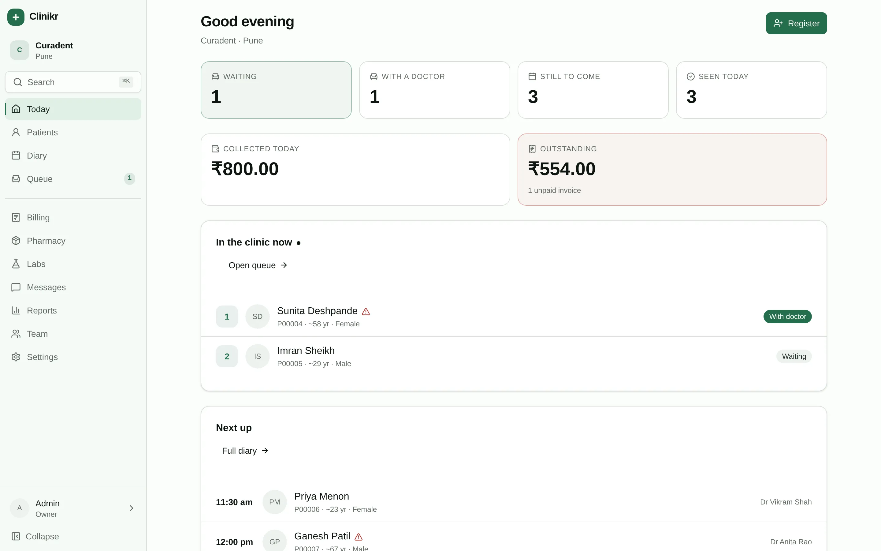 The Today screen in Clinikr: patients waiting, appointments due, and money collected so far.