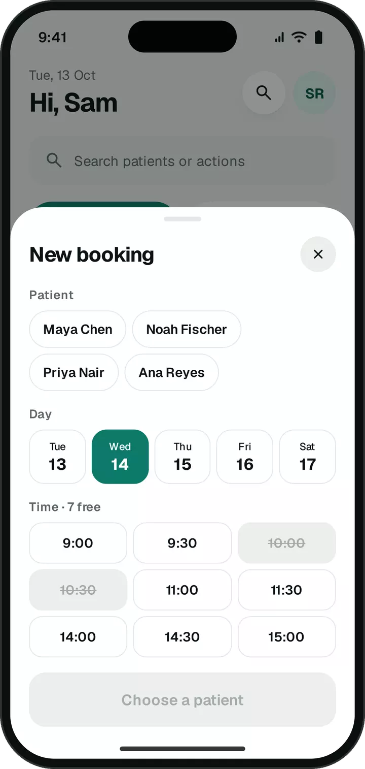 New booking sheet: pick a patient, a day and a free time slot