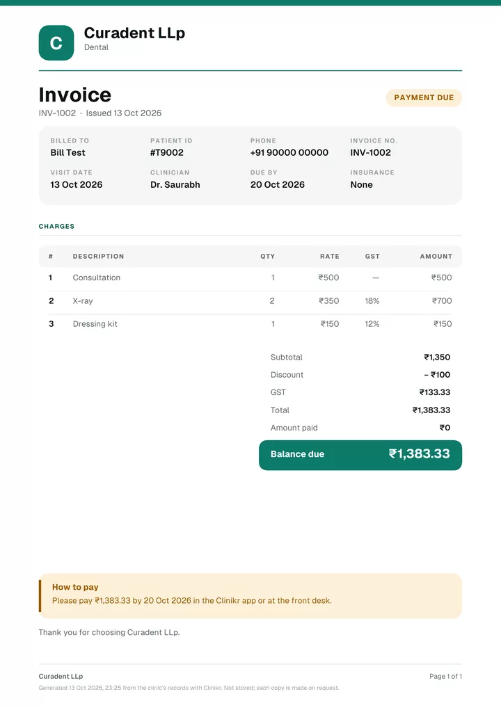 Itemised invoice PDF on the clinic’s letterhead with GST