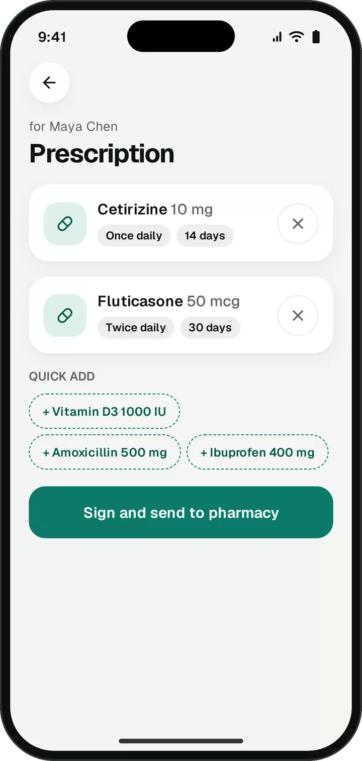 Prescription screen with medicines, dose and days, and quick-add chips for recent medicines